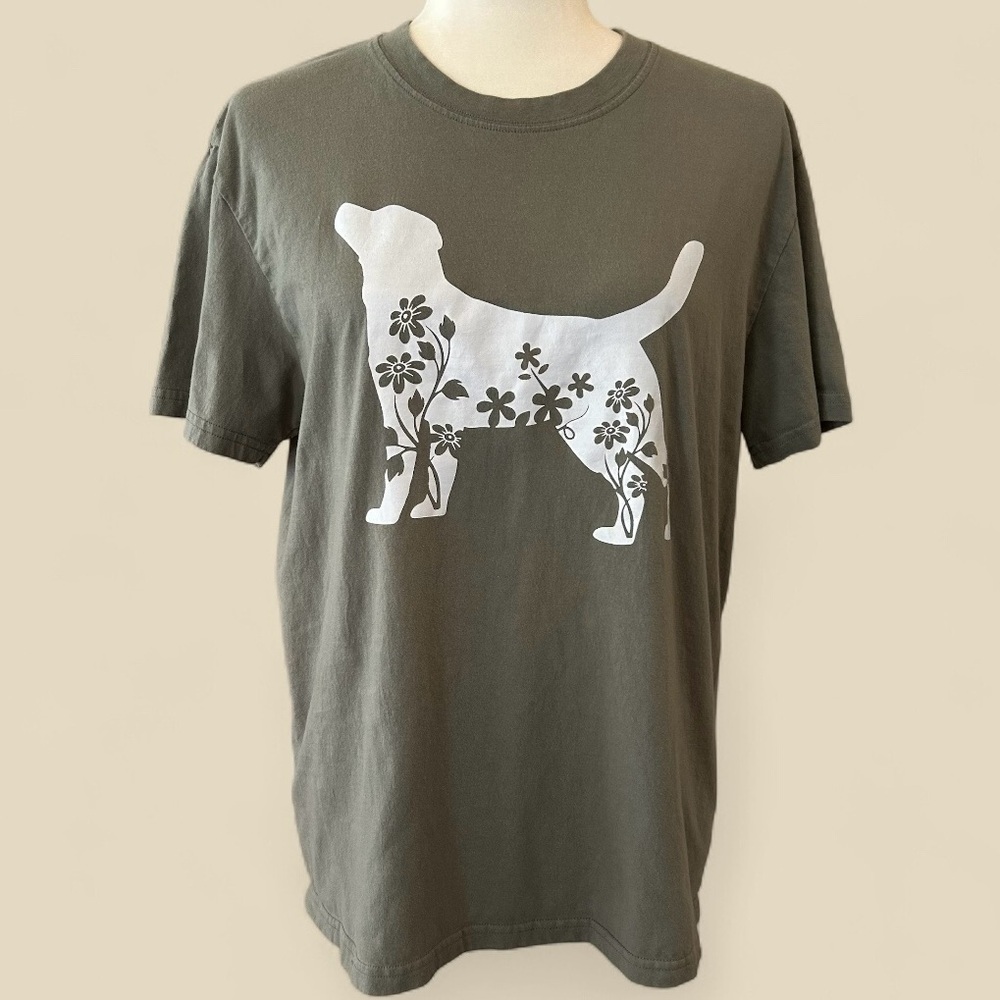 Floral Olive Green Dog Silhouette T-Shirt EUC